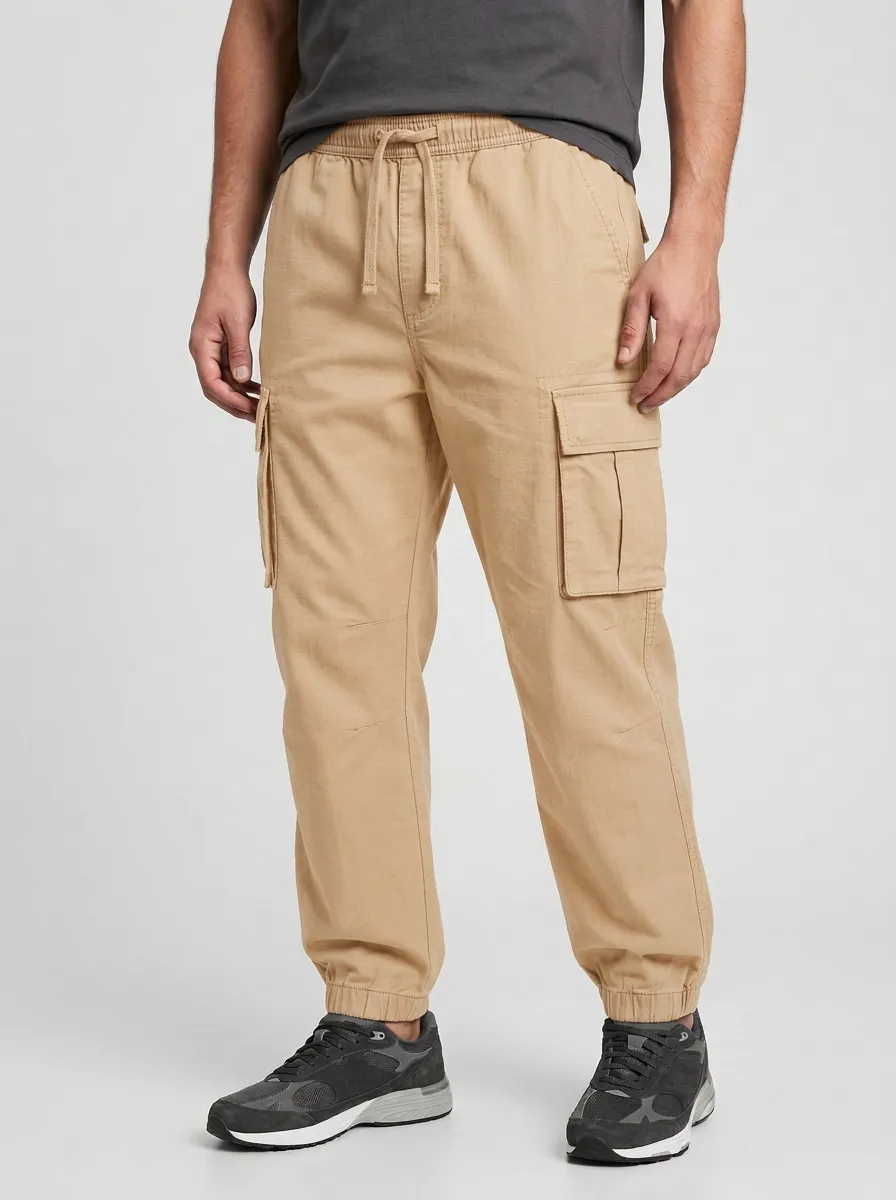 Elastic-Waist Solid-Style Men's Cargo Pants