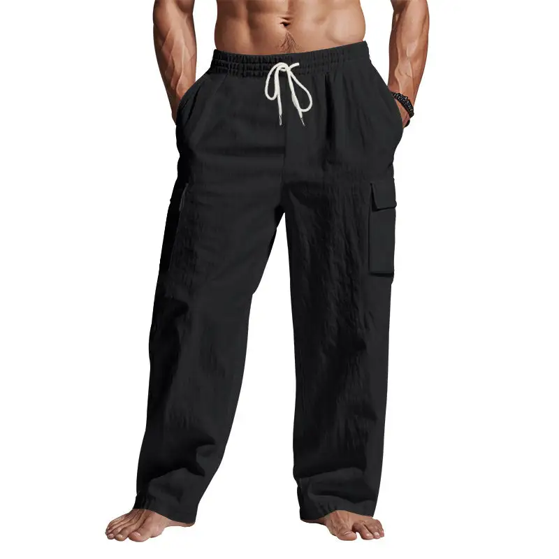 Men's Loose Linen Cargo Pants Waistband Pockets