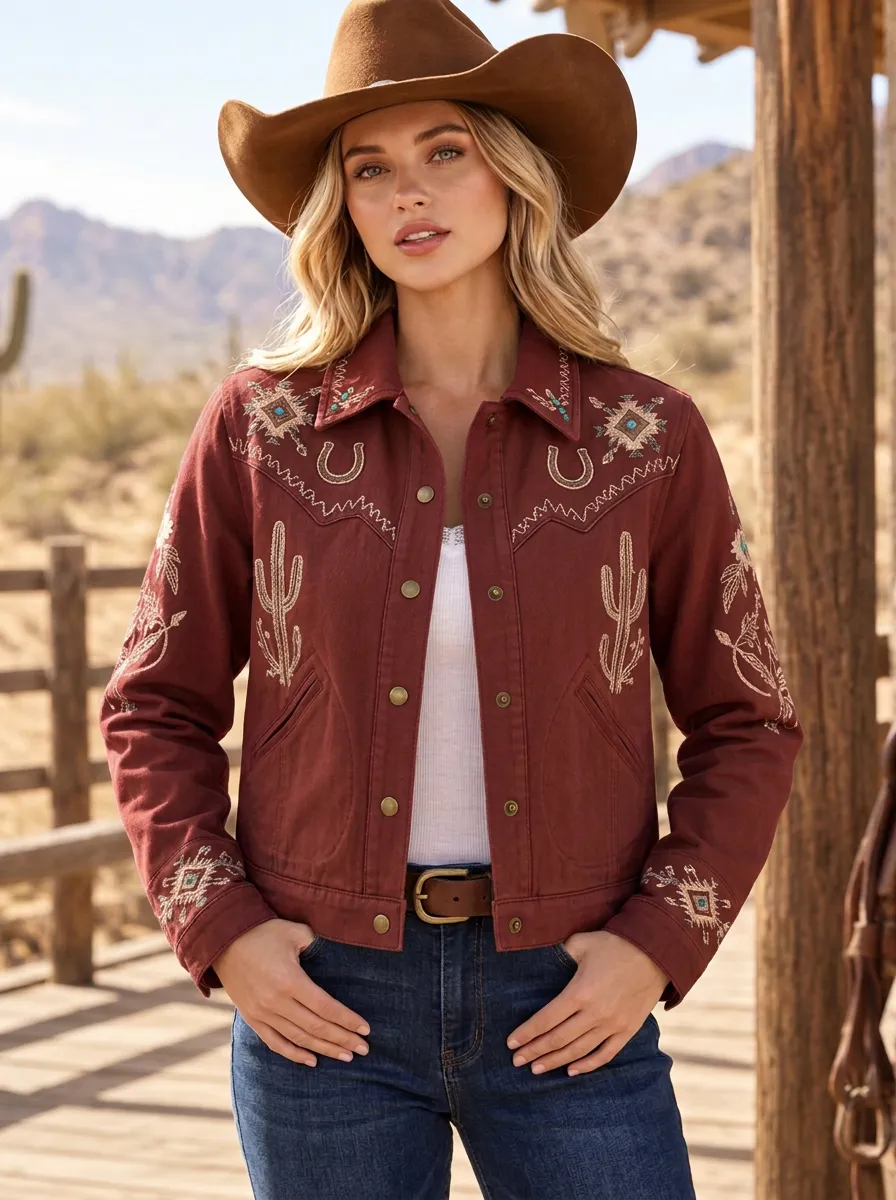 Women's Western Cowboy Horseshoe Horse Cactus Embroidered Jacket