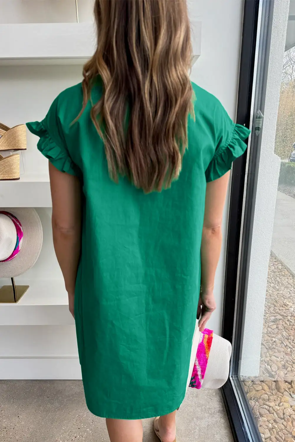 Ruffle Trim Shirred Button Front Mini Dress