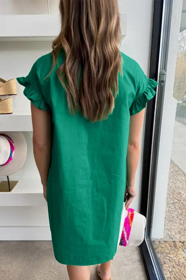Ruffle Trim Shirred Button Front Mini Dress