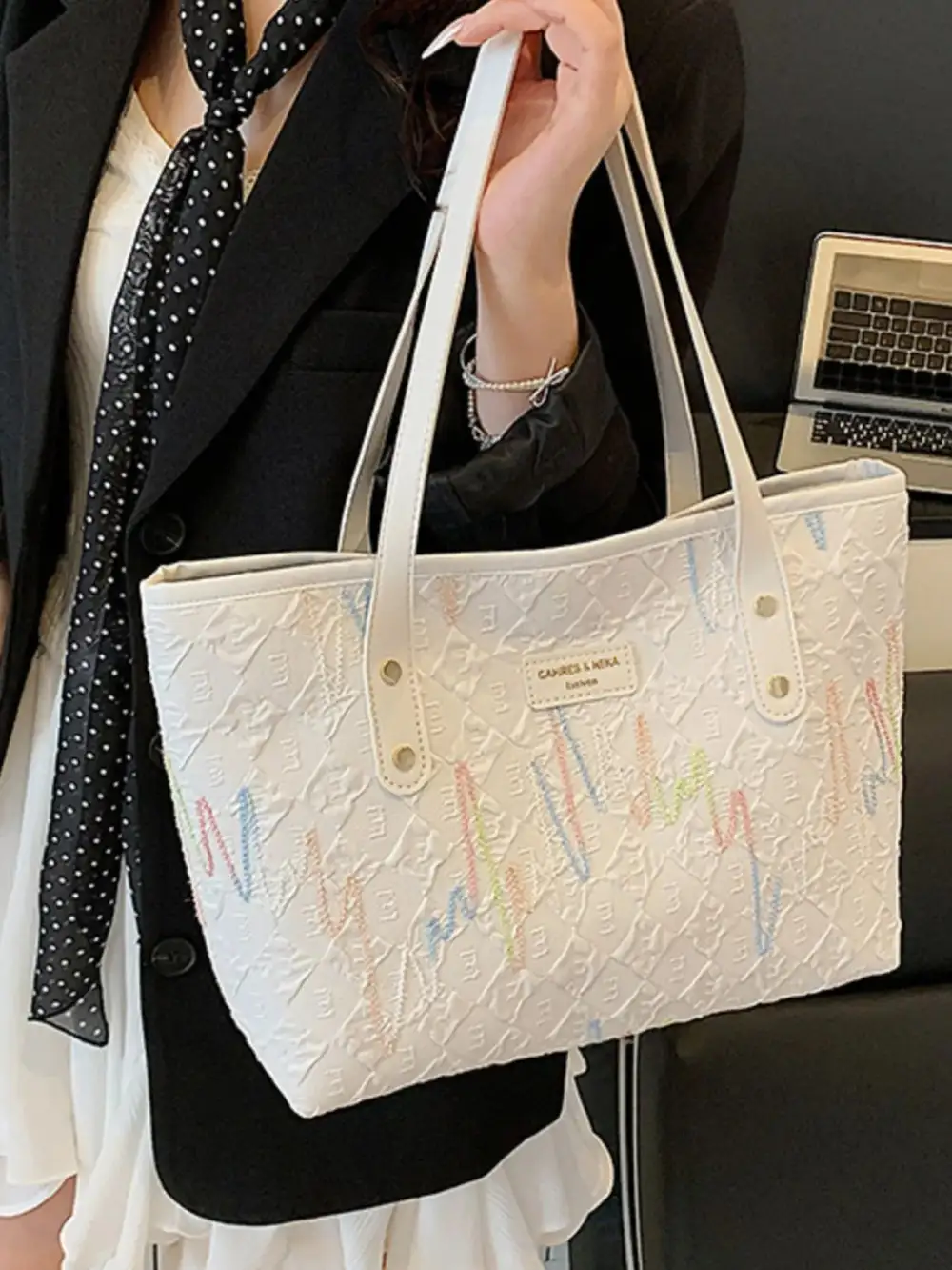 Contrast PU Leather Tote Bag