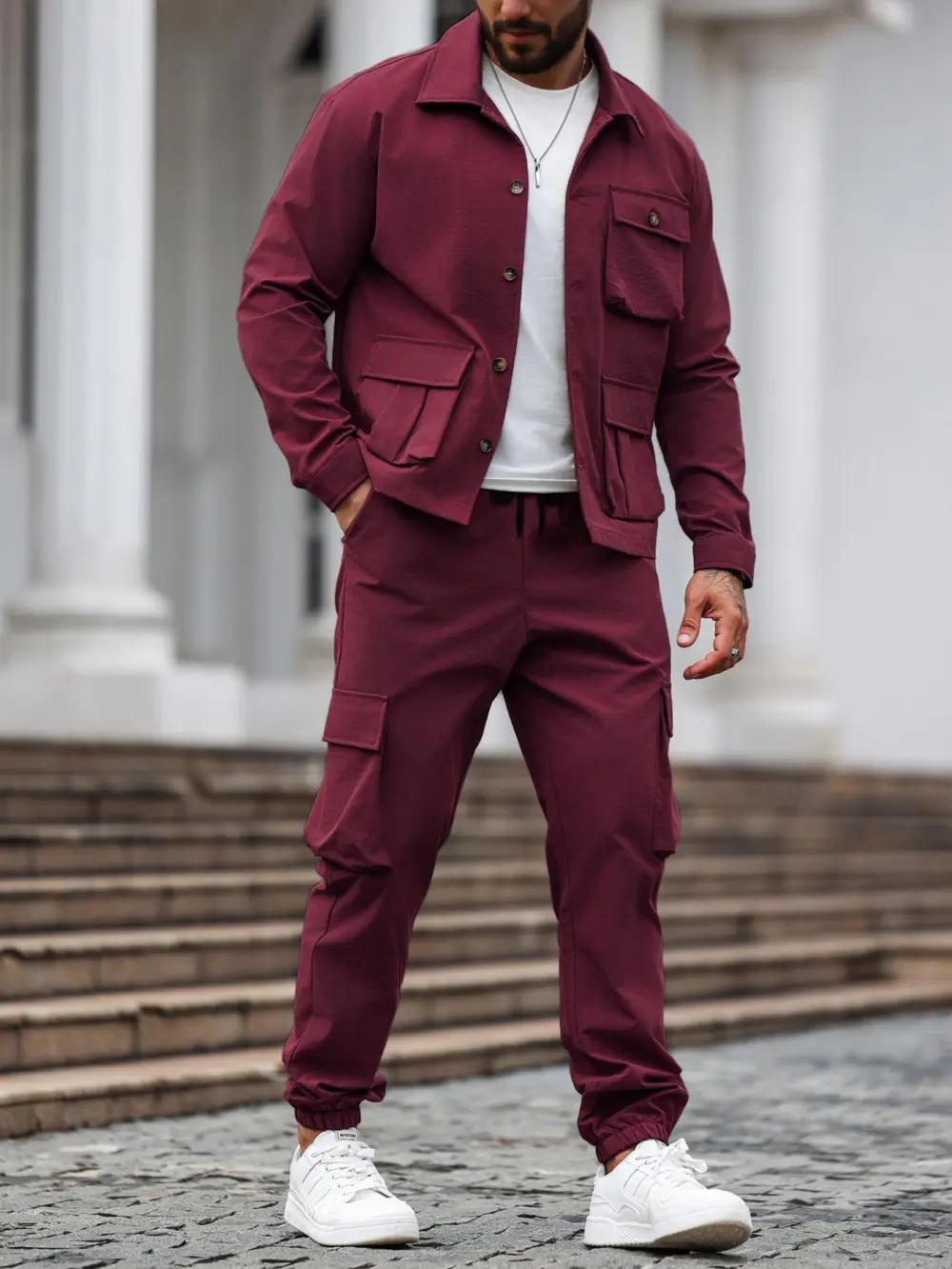 Men's Solid Color Pocket Button Front Shirt & Pants Two-Piece Set