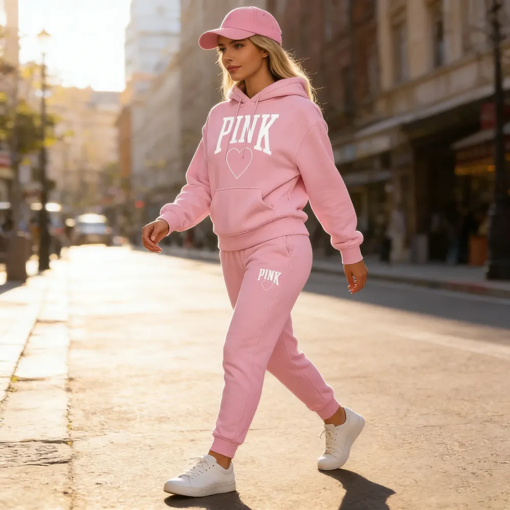 Women's Pink Heart Print Hair And Sunglasses Hoodie And Drawstring Track Pants Set