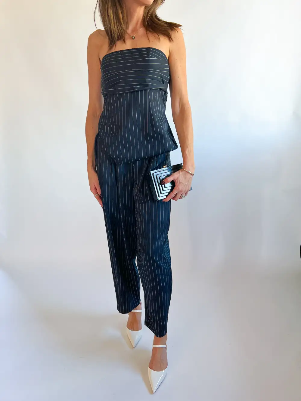 Pinstriped Strapless Top And Pants Set