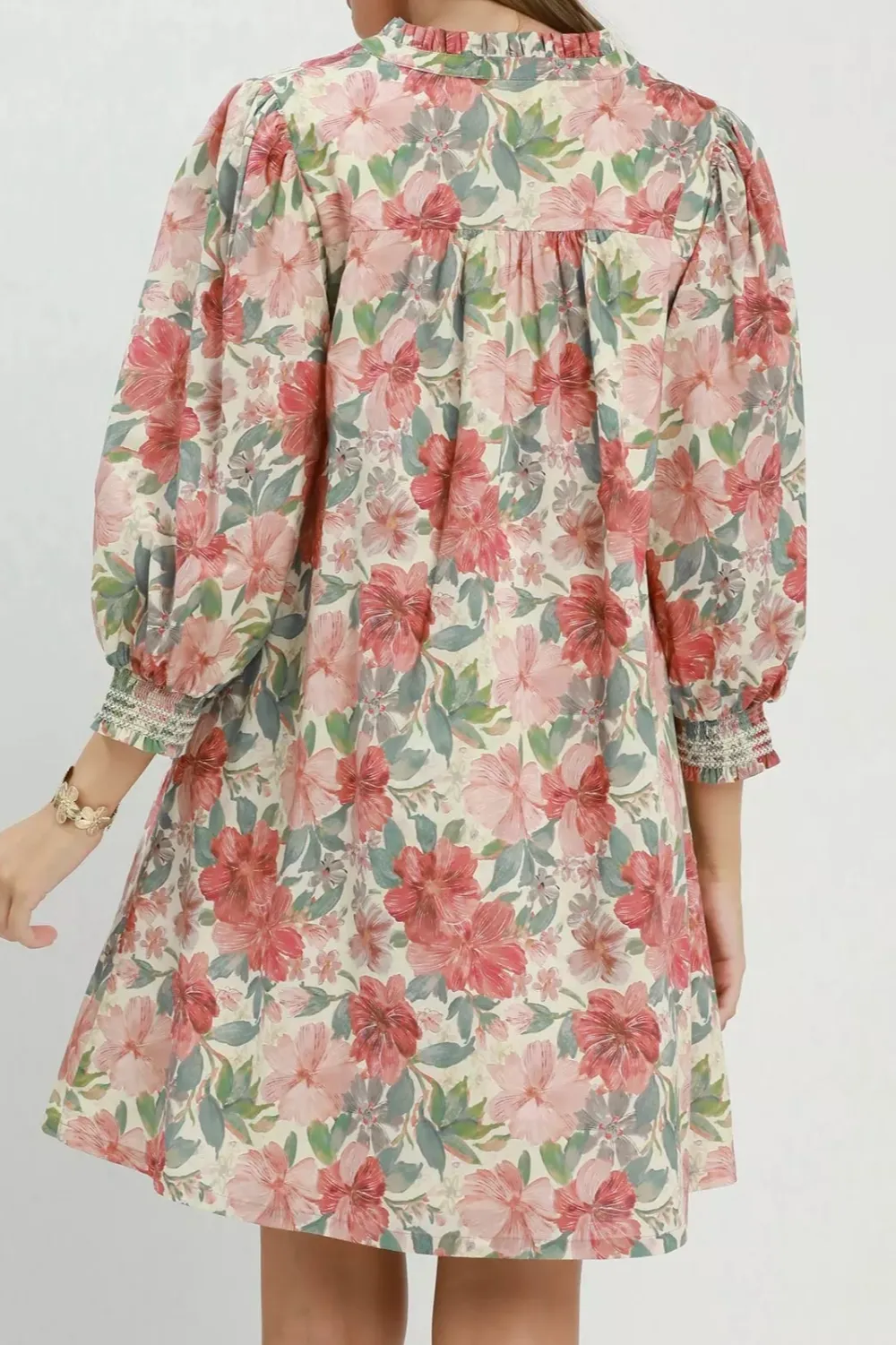 Lightweight Floral Print Smocked Cuff Mini Dress