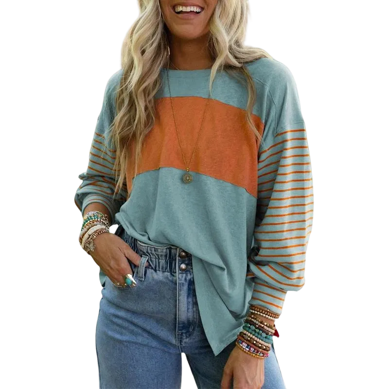 Long Sleeve Fall Tops Oversized 2025 Trendy Round Crew Neck Casual Color Block Womens Shirts Blouses