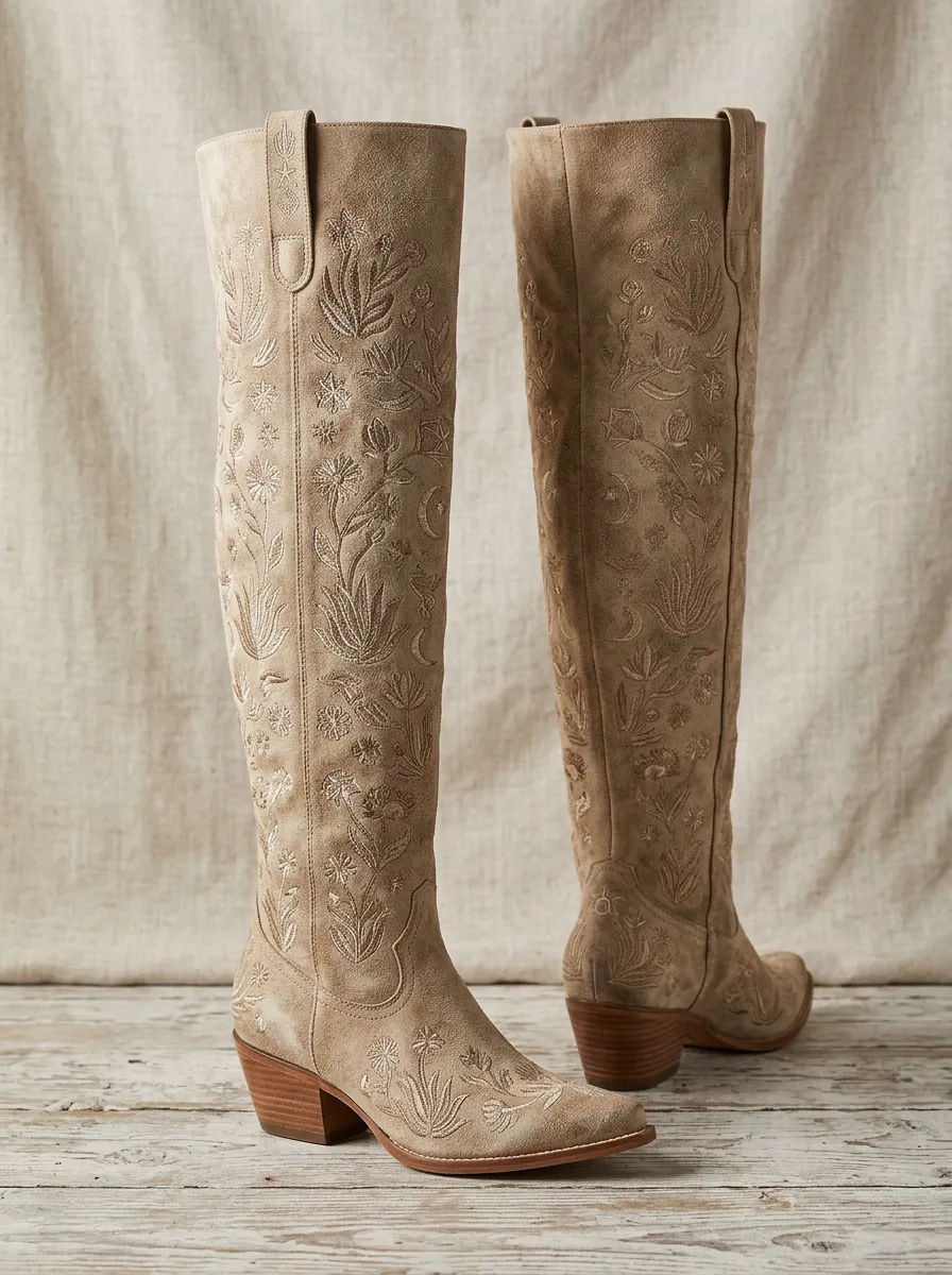 Women's Western Floral Embroidered Pointed-Toe Block-Heel Stacked-Heel Knee Denim Over-the-Knee Boots
