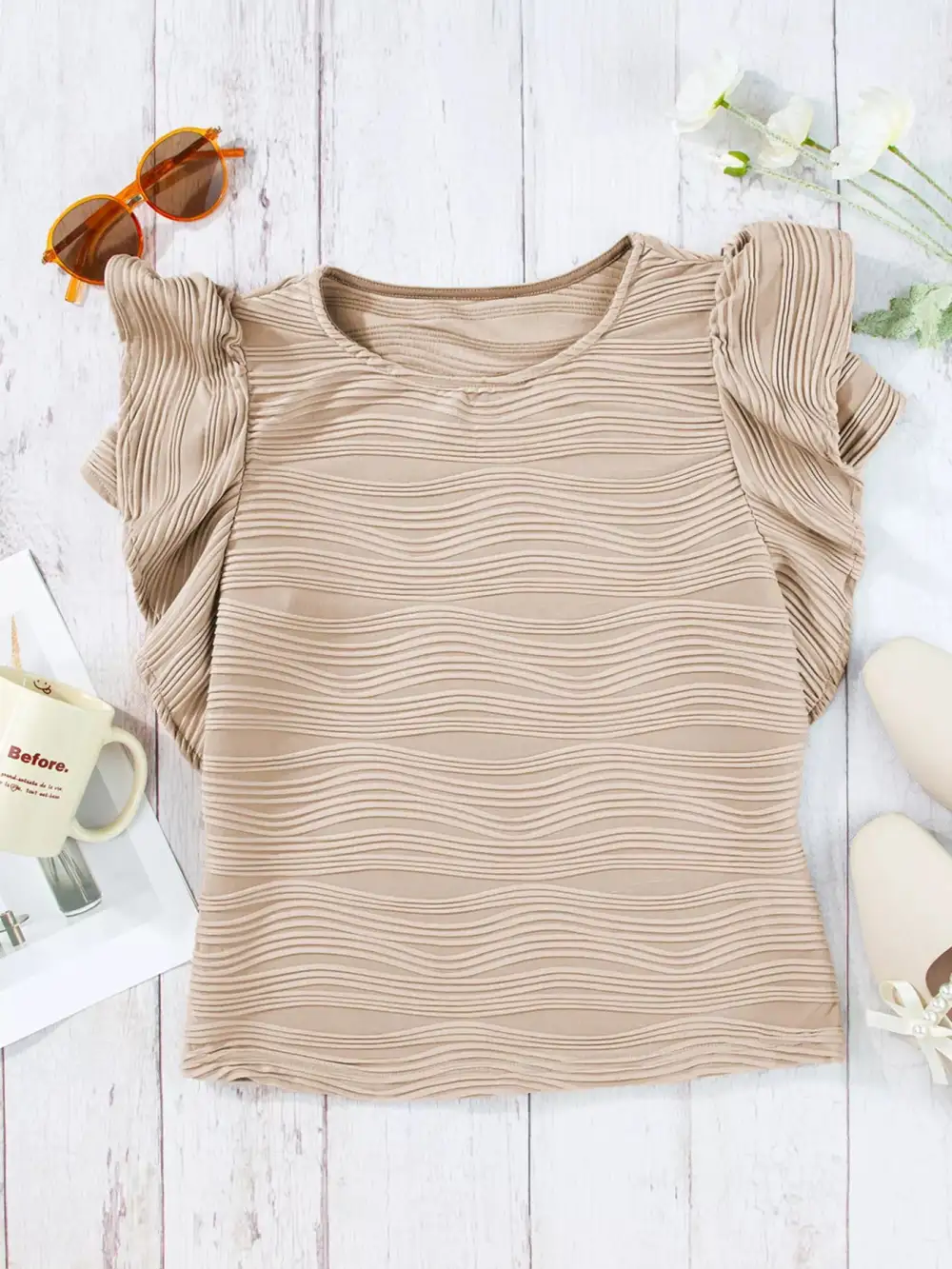 Casual Wavy Textured Ruffle Sleeve Top