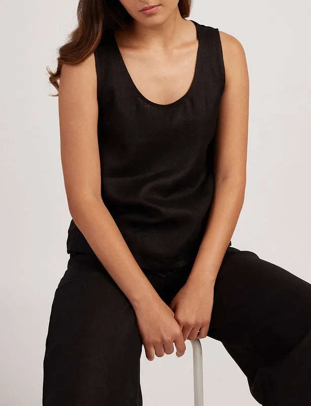 Black Linen Matching Set with Round-Neck Tank & Wide-Leg Pants