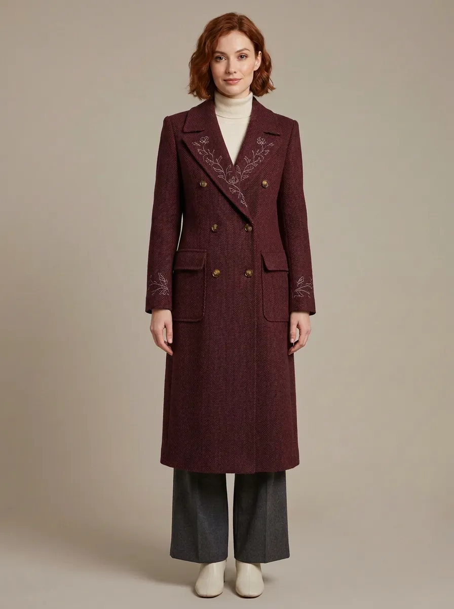 Women's Vintage Floral Embroidery Herringbone Printed Coat