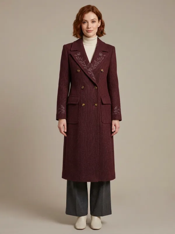 Women's Vintage Floral Embroidery Herringbone Printed Coat