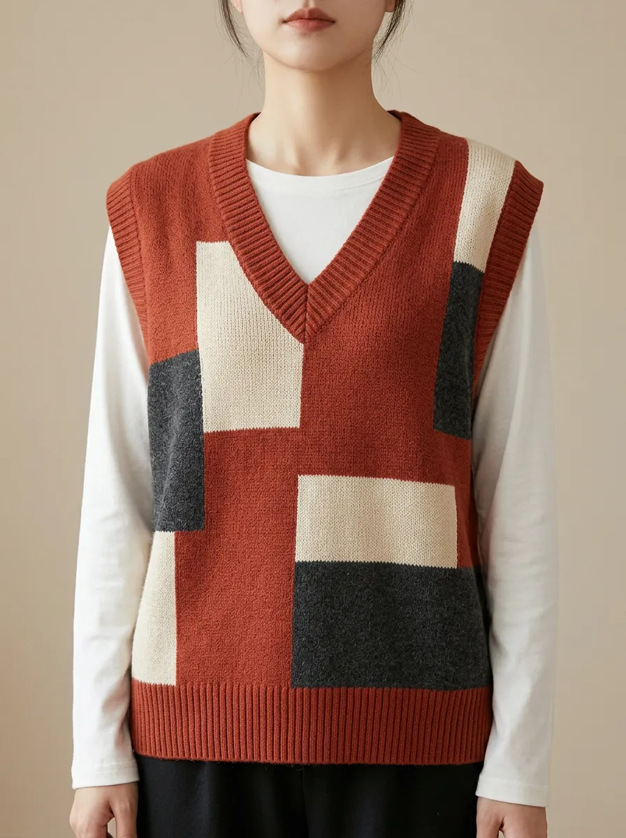 Colorblock Geometric Button Sweater Vest