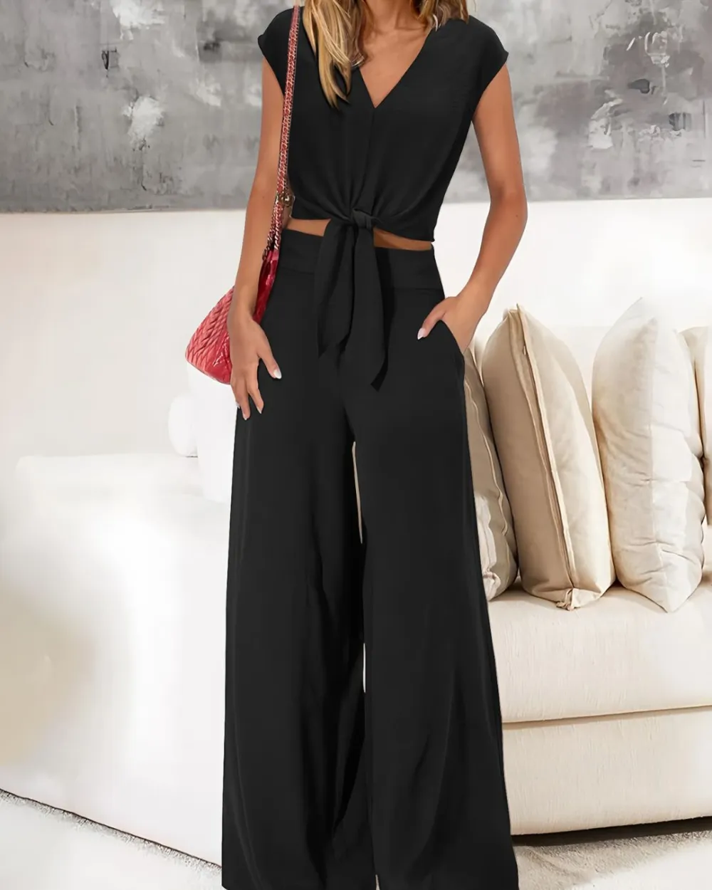 Belted V-Neck Crop Top and Wide-Leg Pants Two-Piece Set