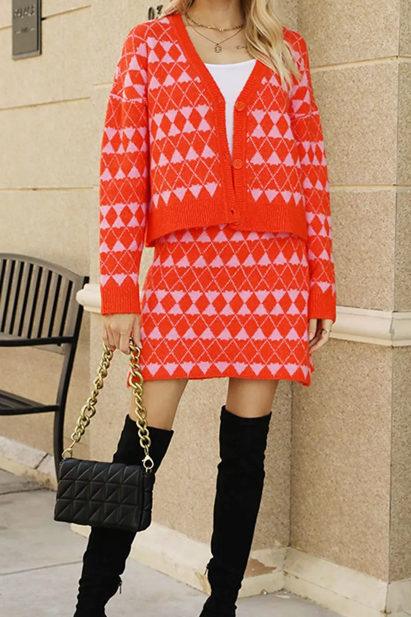Geometric Dropped Shoulder Cardigan and Knit Skirt Set