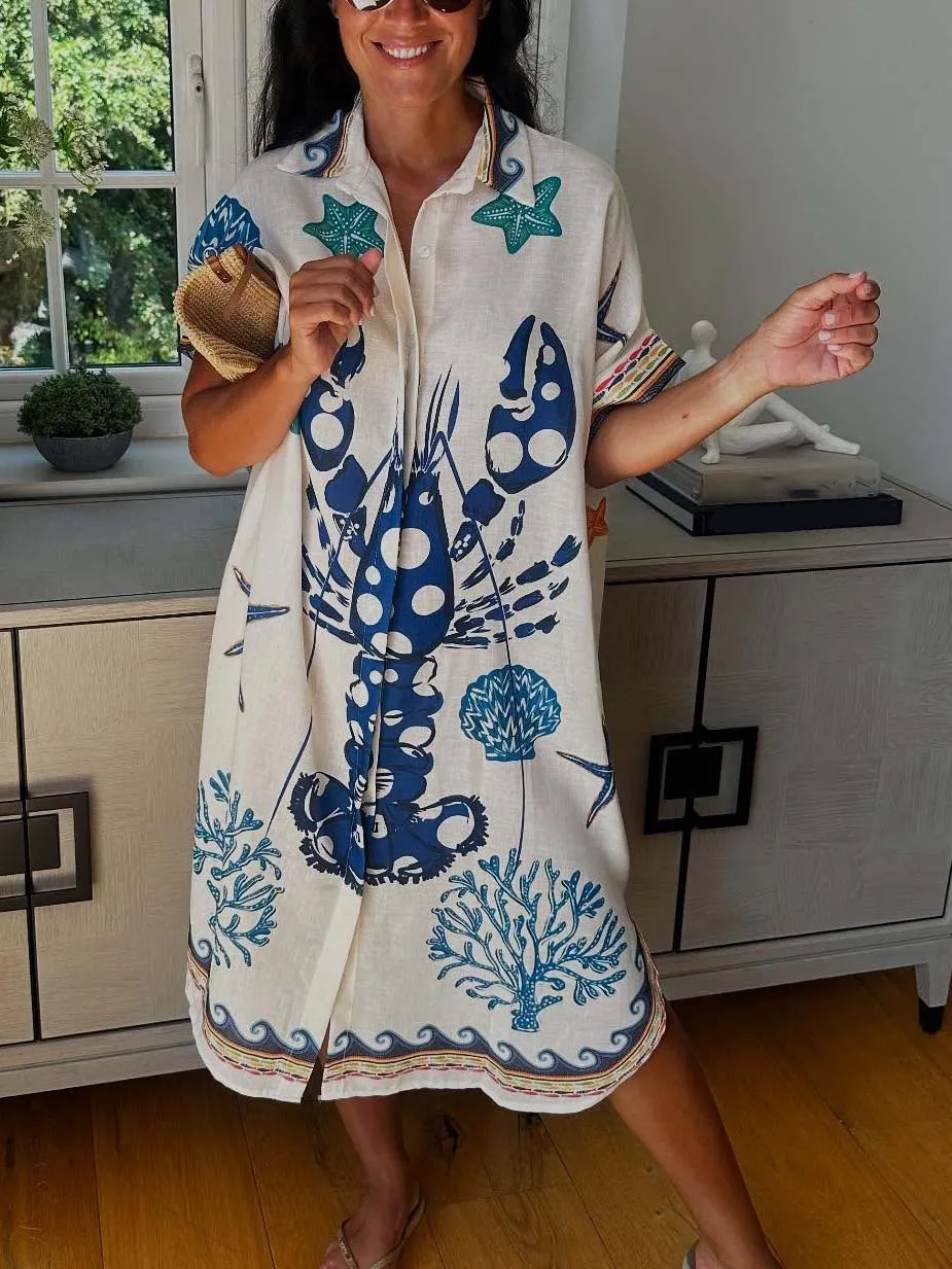 Lobster Ocean Print Shirt Midi Dress