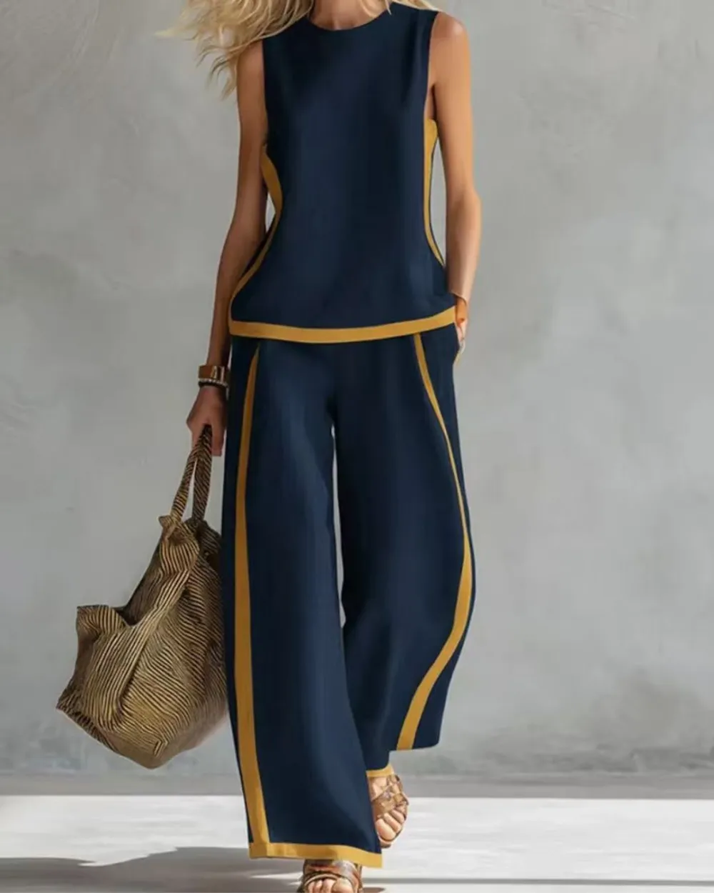 Sleeveless Contrast Trim Top Wide Leg Pants Set Breezy Summer Outfit