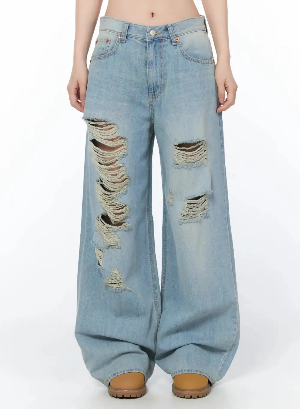 Cotton Distressed Wide Leg Jeans