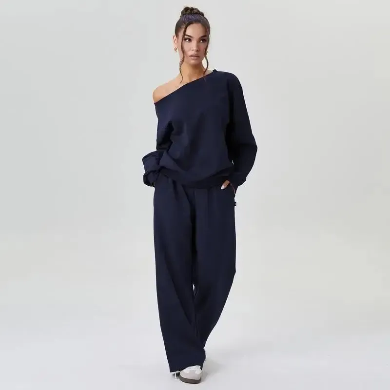 🔥Last Day 89% OFF🔥Women's Leisure Solid Color Sloping Shoulder Long Sleeve Top & Wide Leg Trousers Co-ord