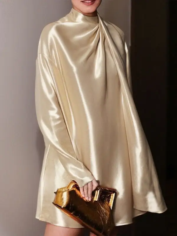 Long Sleeve Relaxed Shiny Solid Color High Neck Mini Dress