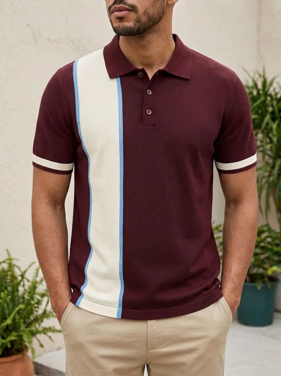 Men's Knit Ribbed Textured Vertical-Stripe Colorblock Contrast-Piping Polo Shirt