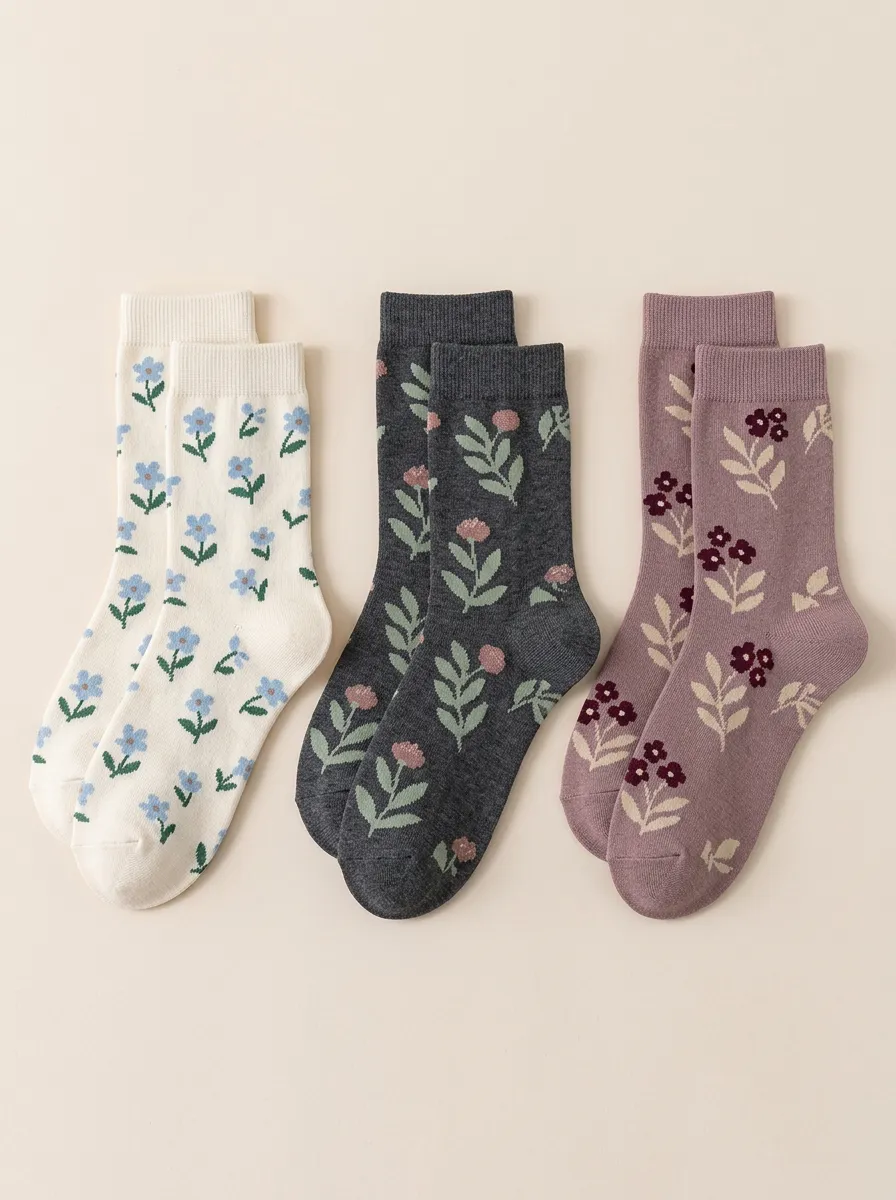 Women's 3-Pair Knitted Floral Crew Sock Set