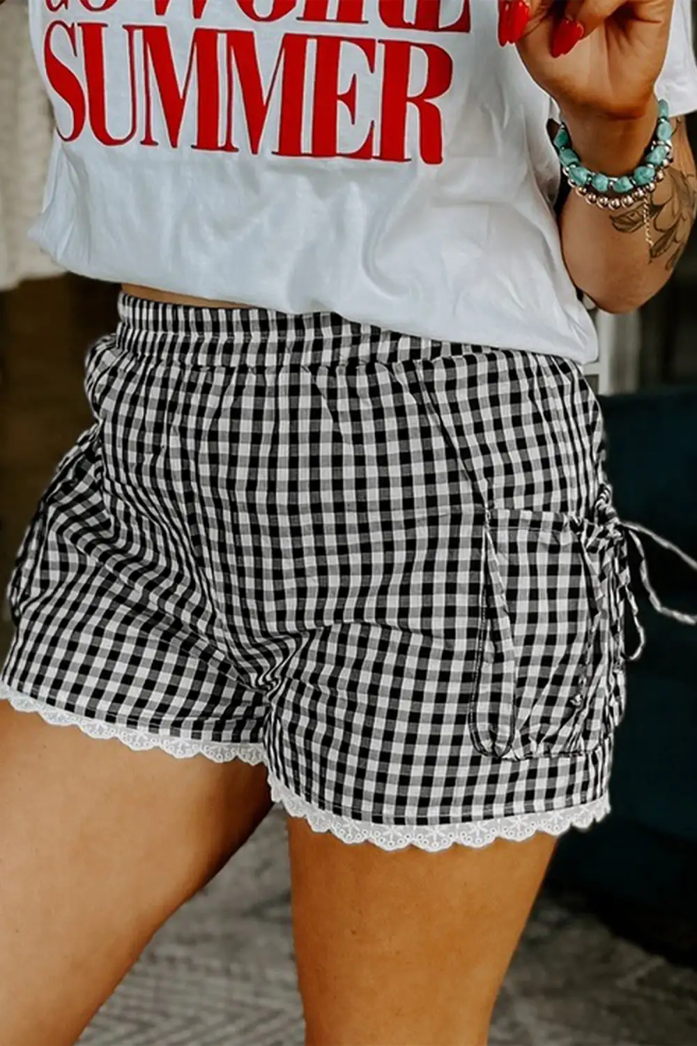 Lace Trim Cotton Gingham Casual Shorts