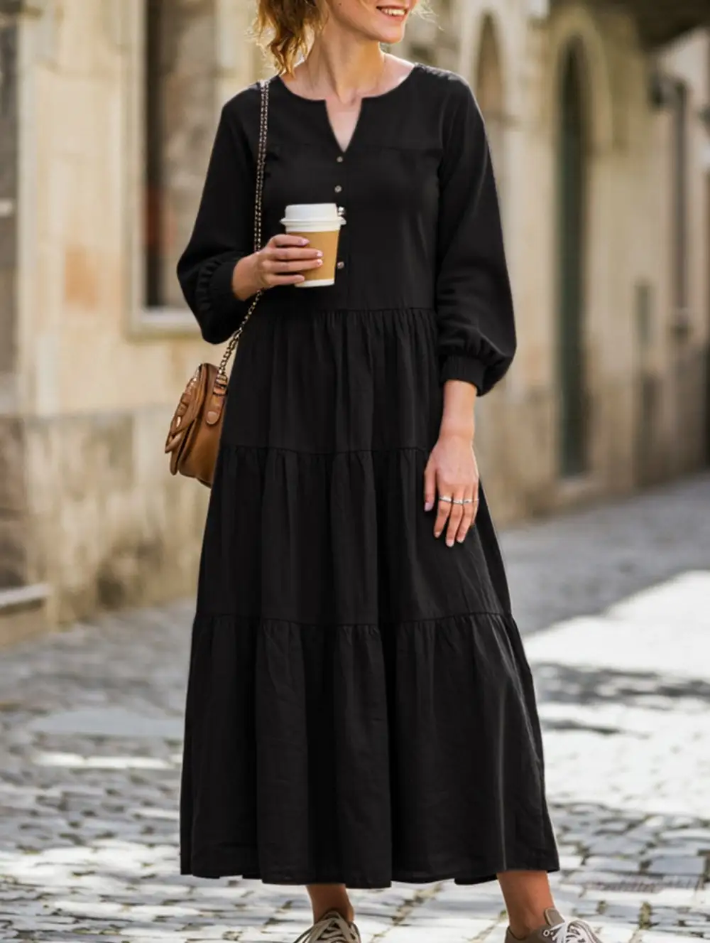 V-Neck Ruffled Loose Dress