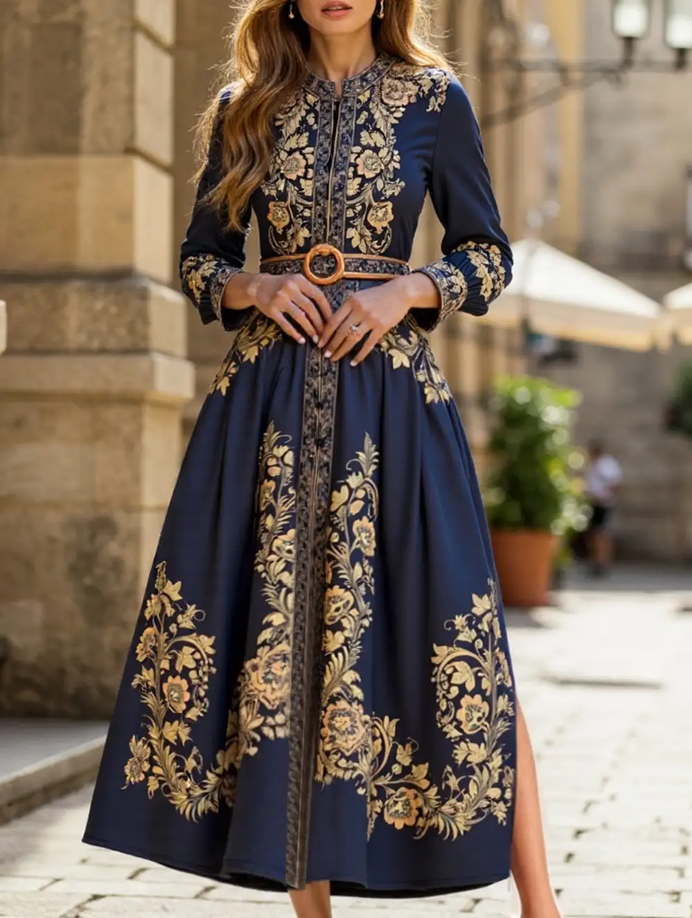 Retro Print Stand Collar Split Hem Dress