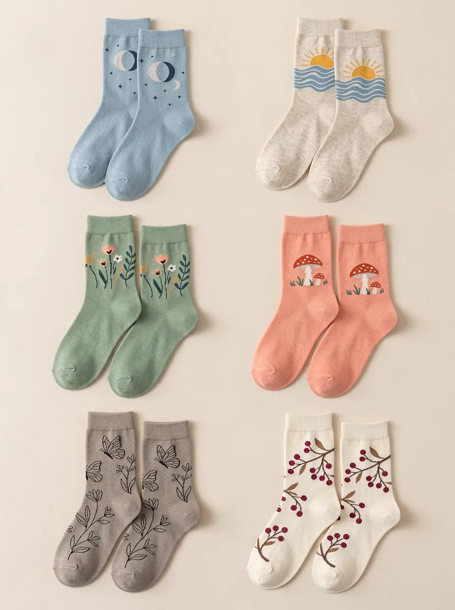 Women's Celestial Woodland Graphic Crew Socks Six Pair Set