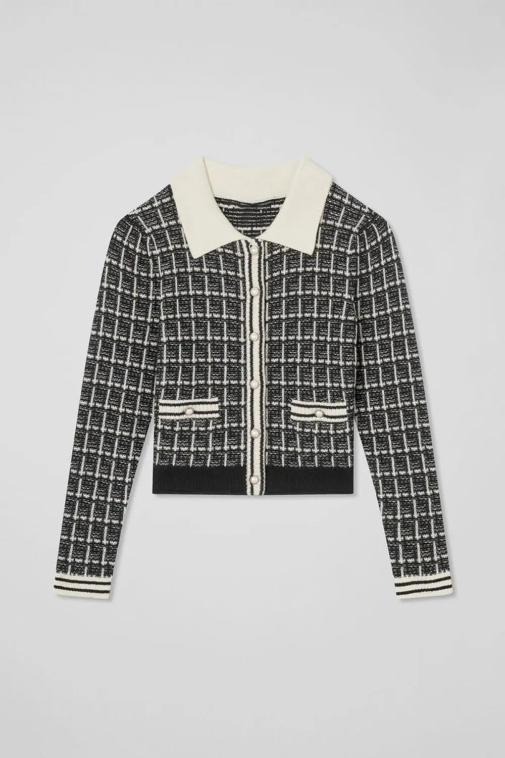 Black White Tweed Polo Collar Knit Cardigan