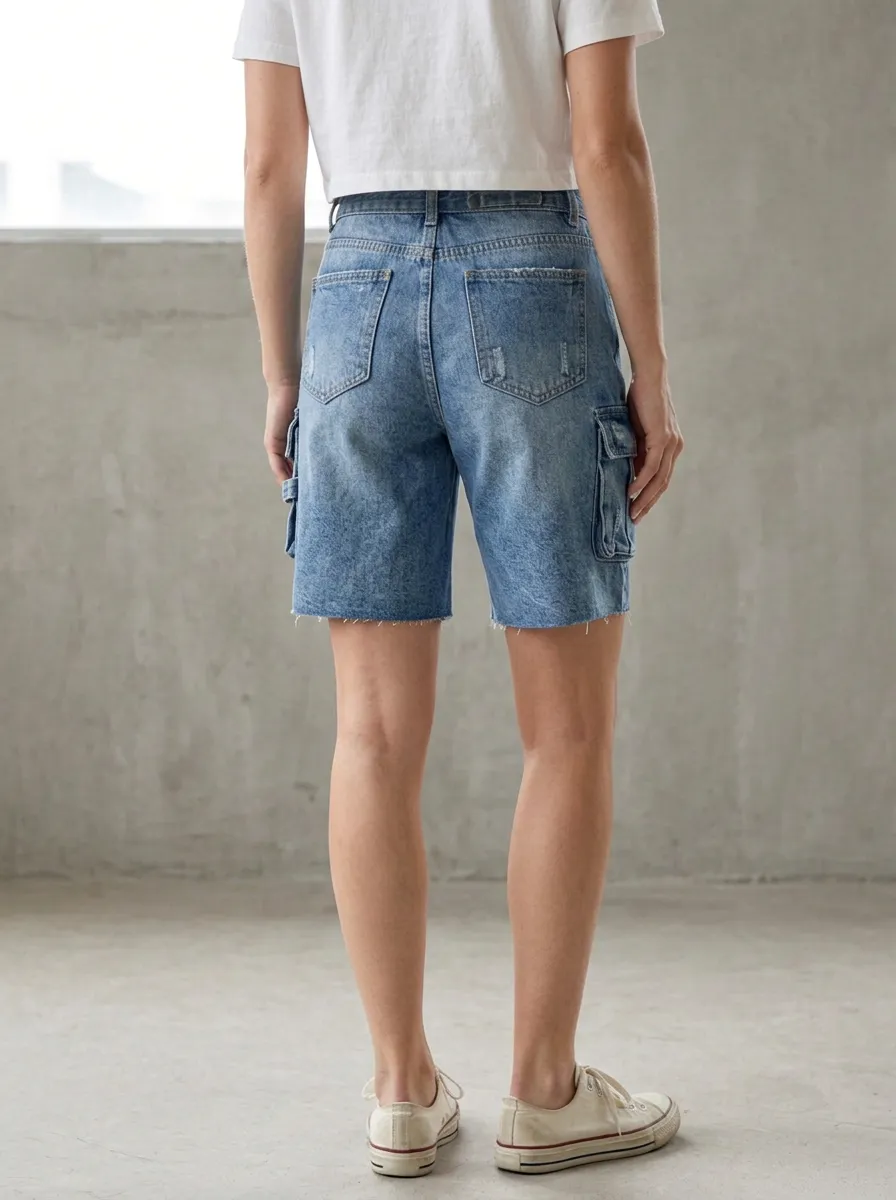 Women's Contemporary Casual Streetwear Distressed Cargo Denim Shorts