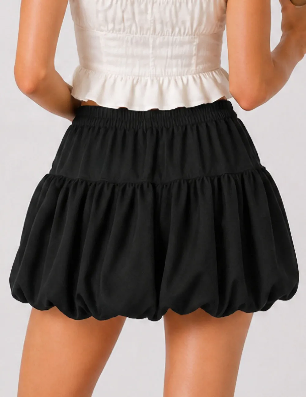 Solid Color Bubble Hem Bow Elastic Waist Mini Skirt