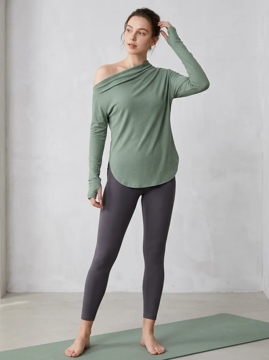 Performance-Inspired Off-Shoulder Graphic Print Modern Look Women's One Shoulder Long Sleeve Yoga Top
