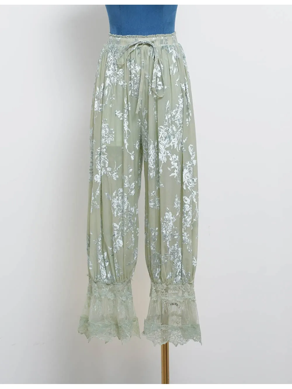 Lace Hem Flocked Elastic Waist Lantern Pants