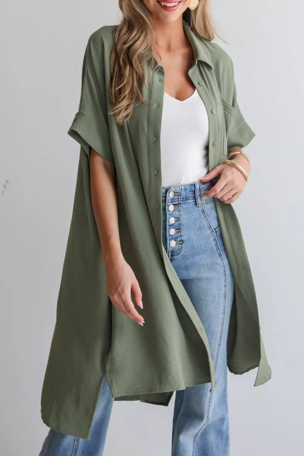 Green Button Front Midi Dress