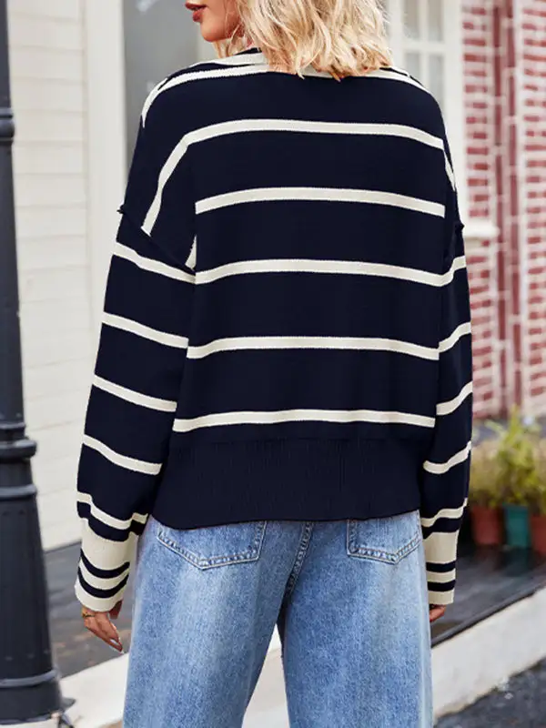 Striped Paneled V-Neck Long Sleeve Relaxed Fit Pullover Sweater