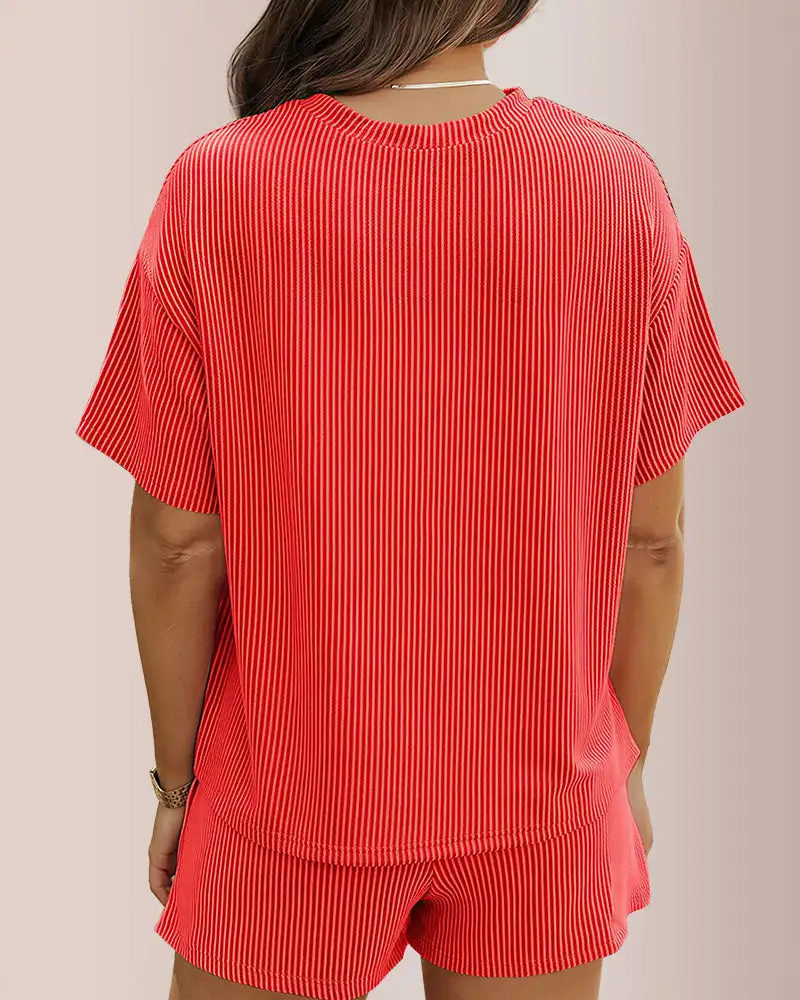 Ribbed Knit Two-Piece Lounge Set Short Sleeve Top and Shorts