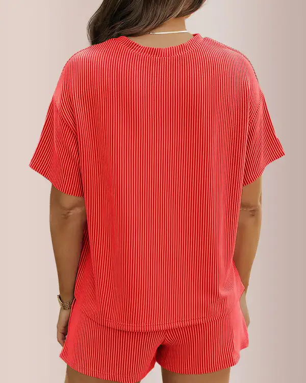Ribbed Knit Two-Piece Lounge Set Short Sleeve Top and Shorts