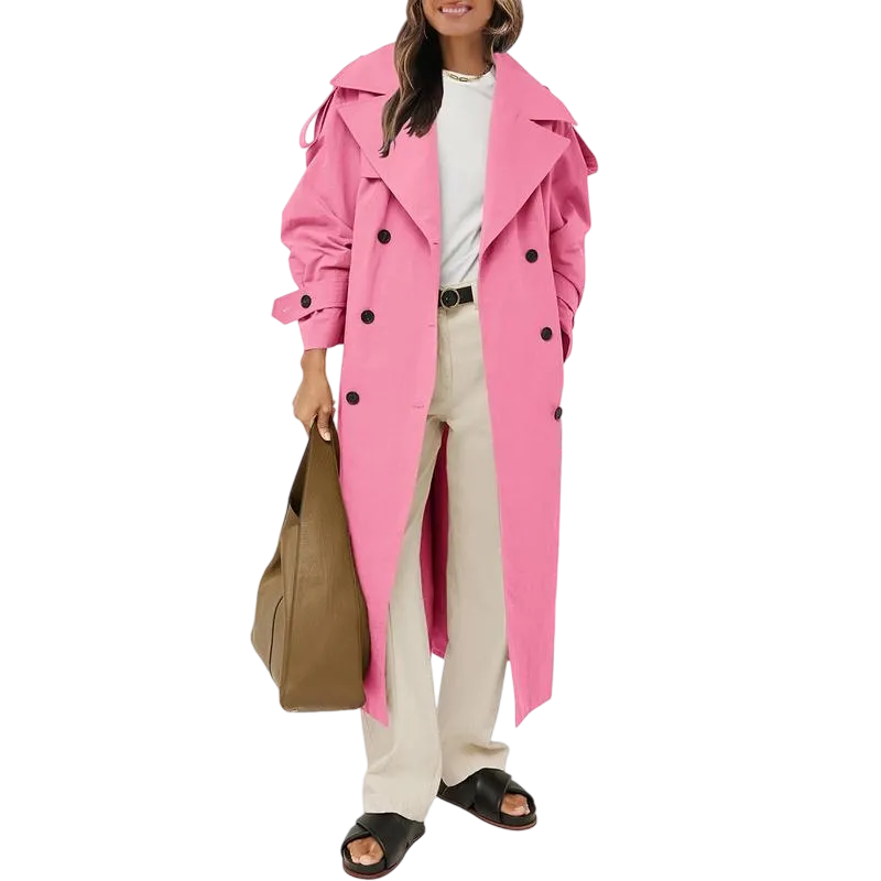 Womens Oversized Long Trench Coat Double Breasted Lapel Windproof Overcoat with Belt