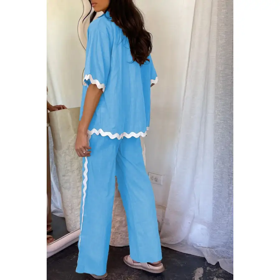 Soft Contrast Trim Half Sleeve Top and Pants Set