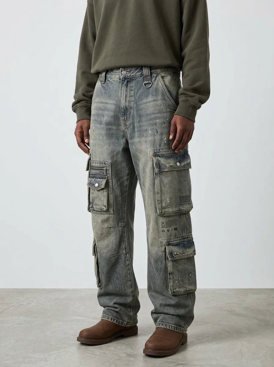 Men's Streetwear Vintage Washed Paint Splatter Printed Cargo Pants