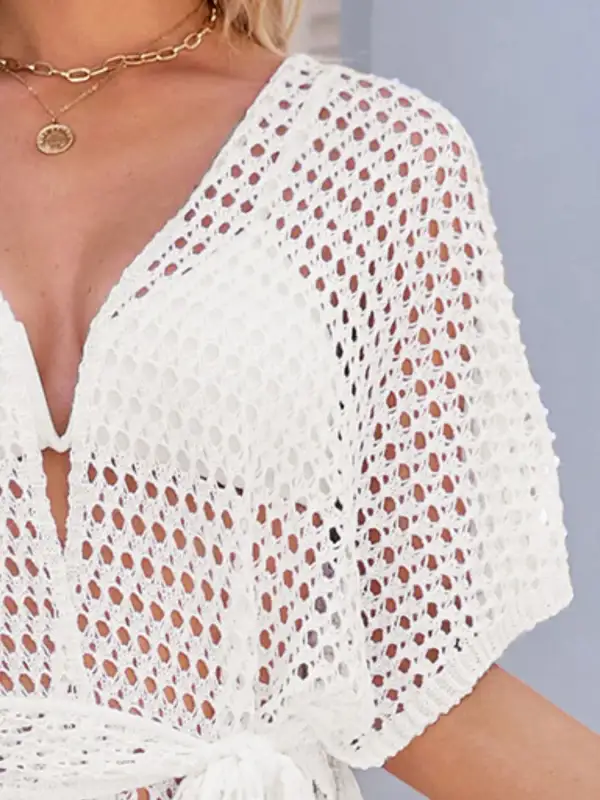 Open Front Tied Openwork Swim Cover Up