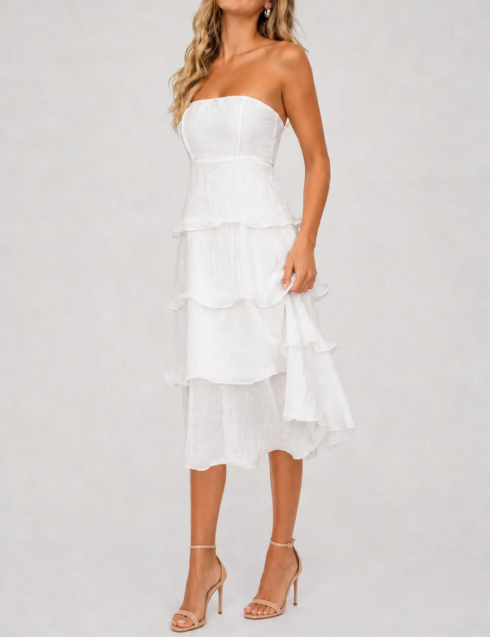Chic Crinkle Strapless Tiered Ruffle Tube Midi Dress