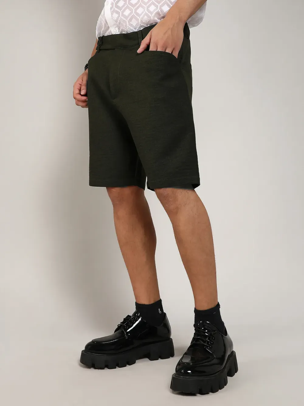 Green Casual Style Poly-Linen Shorts