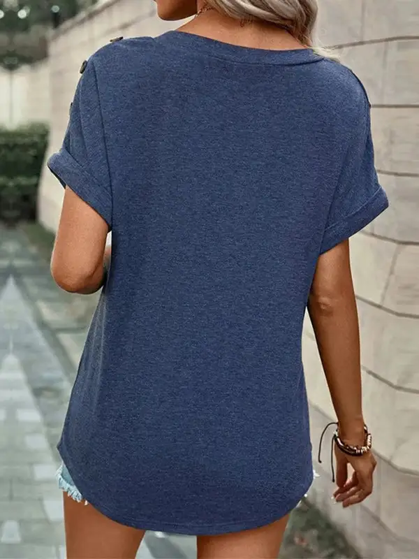 Relaxed Short Sleeve Button Detail V-Neck Polyester T-Shirt