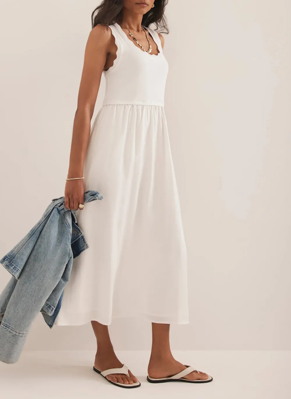 Casual Style Sleeveless Scallop Midi Dress