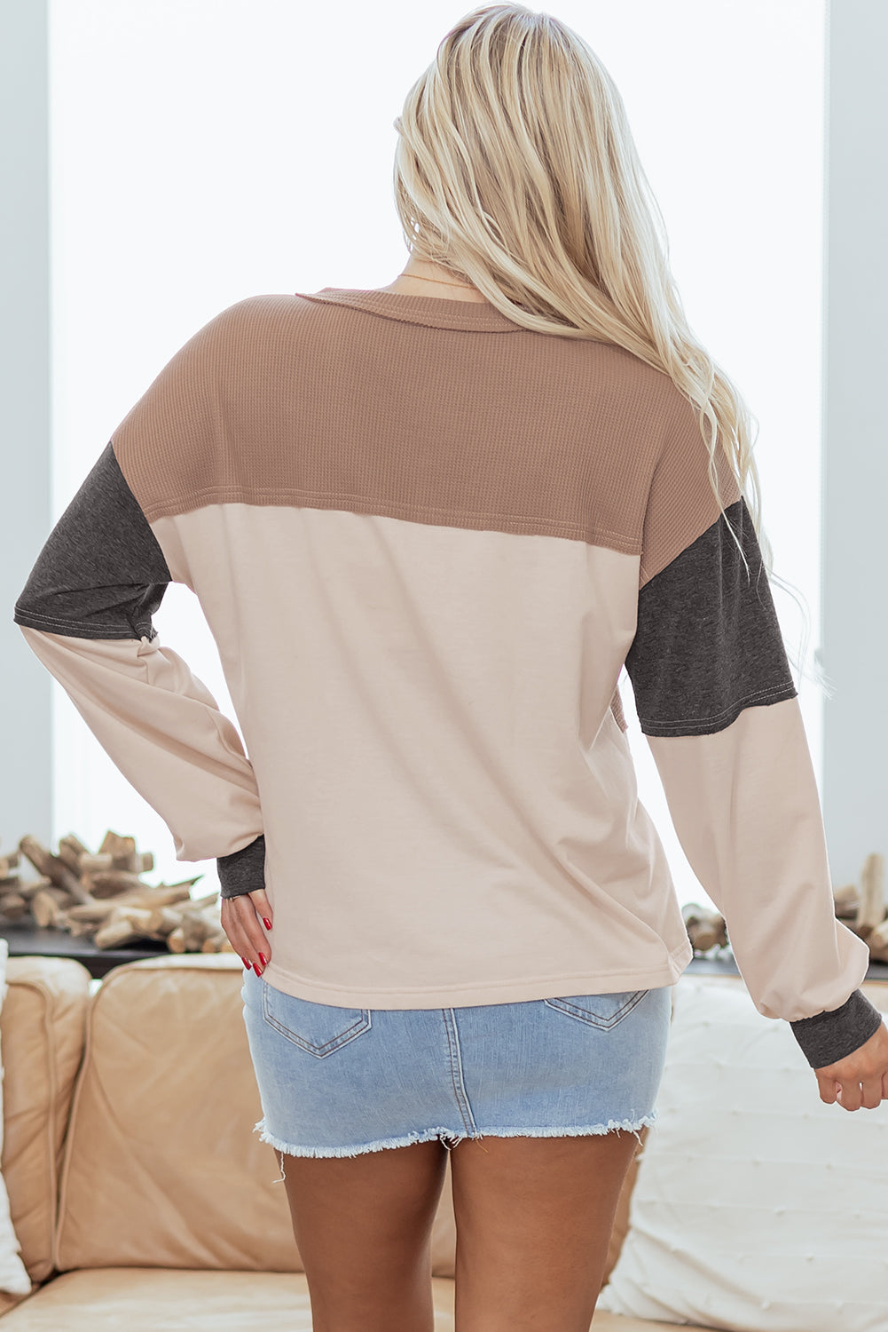 Women's Colorblock Henley Neck Loose Fit Top
