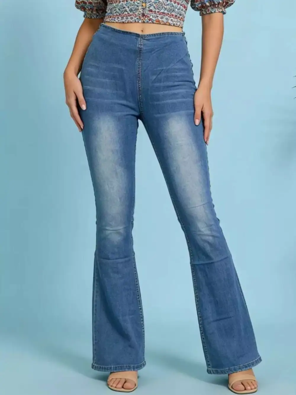 Washed High Waist Flare Leg Denim Jeans