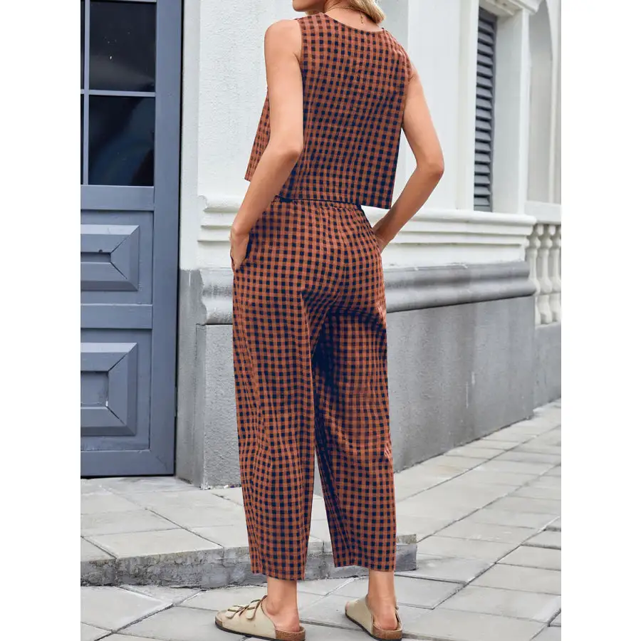 Lovelet Plaid Round Neck Sleeveless Top and Pants Set